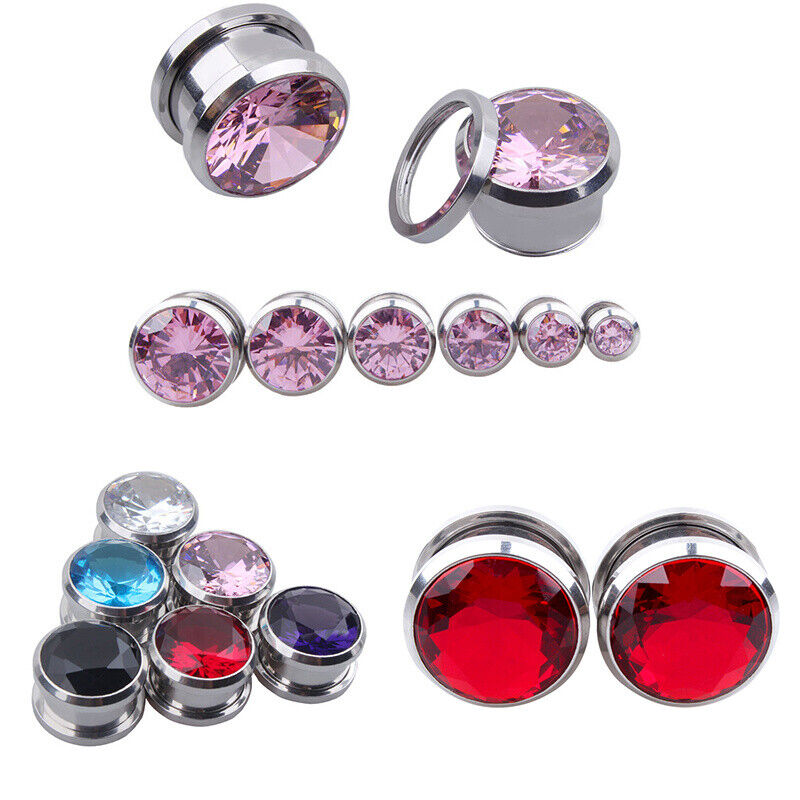 2PC Surgical Steel Zircon Crystal Screw Fit Flesh Tunnel Gauge Ear Plug Expander