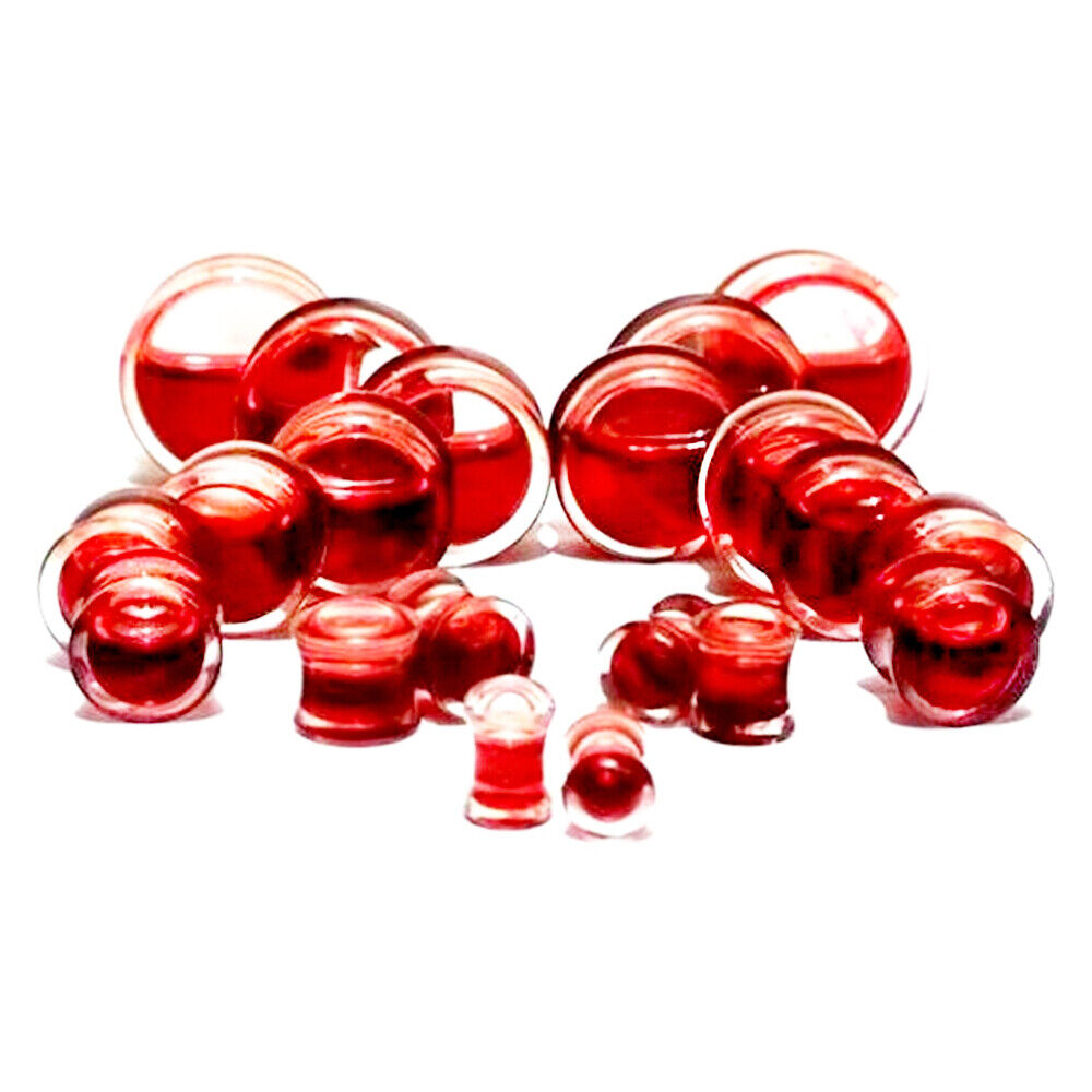 2PC Blood Red Liquid Filled Ear Plugs Flesh Tunnels Gauges Double Flared Saddle