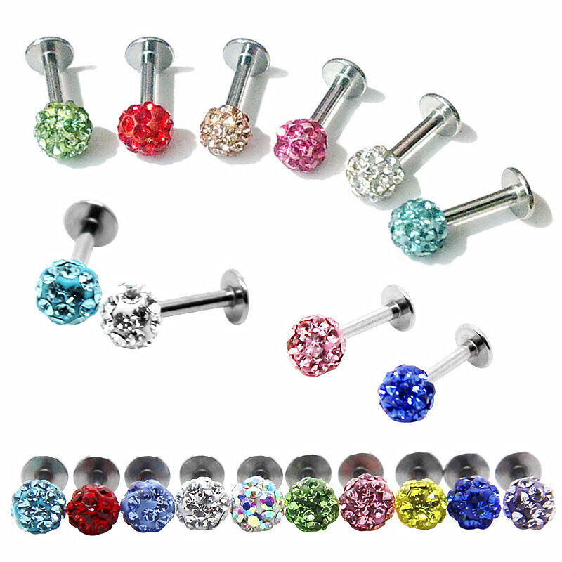 Steel Coated Crystal Ball Lip Monroe Labret Tragus Bar Stud Piercing Ring