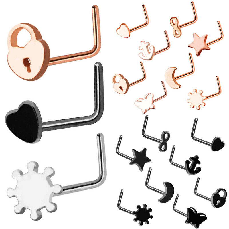 8pc Set 20g Black Silver Rose Gold Heart Star Nose Stud Ring Piercing Jewellery