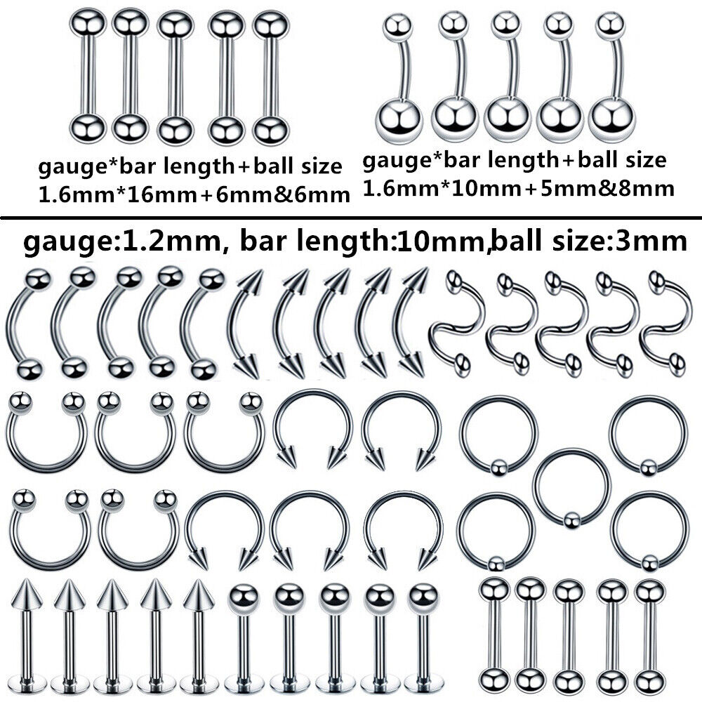 55X Steel Varies Kind Piercing Ear Labret Nose Tongue Navel Body Jewellery Set