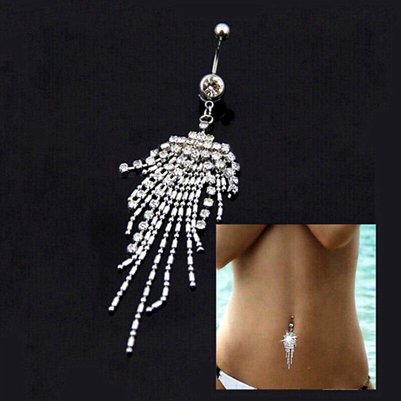 Multi Crystal Tassel Barbell Belly Bar Ring Button Dangle Navel Body Piercing