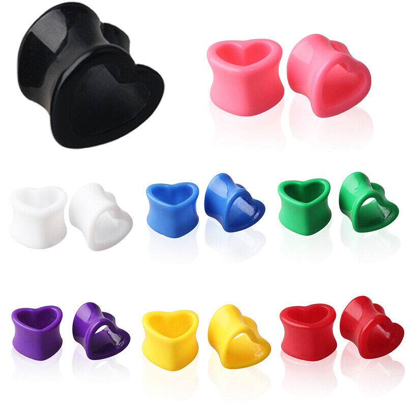 2pc Punk Acrylic Heart Double Flare Saddle Flesh Tunnel Ear Plug Gauge Stretcher