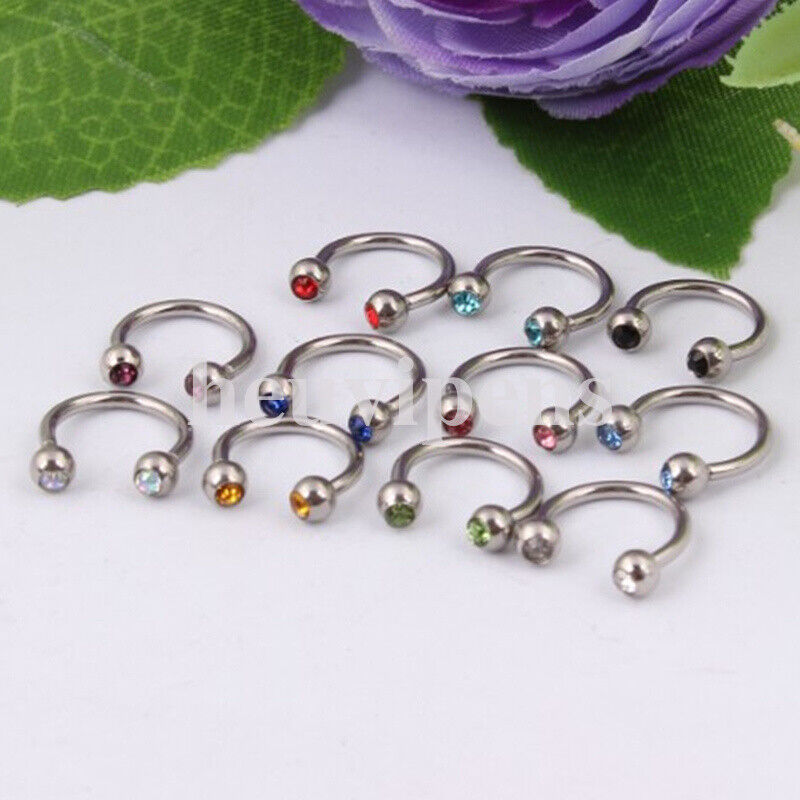 11pc Surgical Steel 16G Horseshoe Bar CRYSTAL GEM Ball Lip Nose Septum Ear Ring