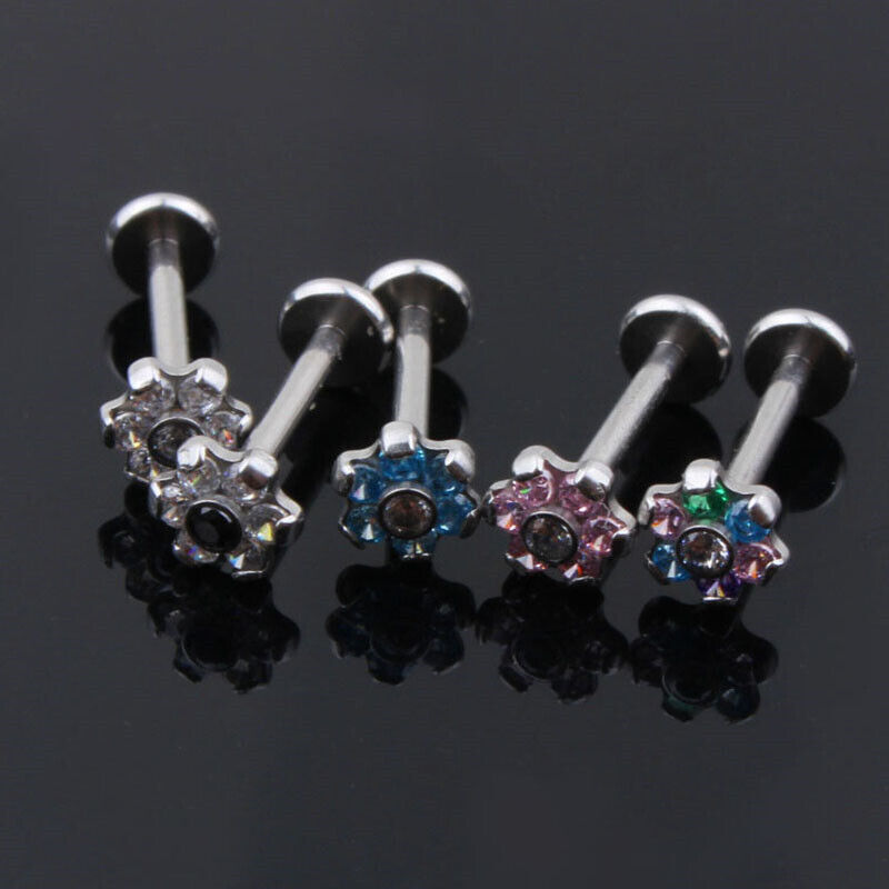Multi Zircon Flower Internally Threaded Labret Lip Bar Stud Tragus Ear Piercing