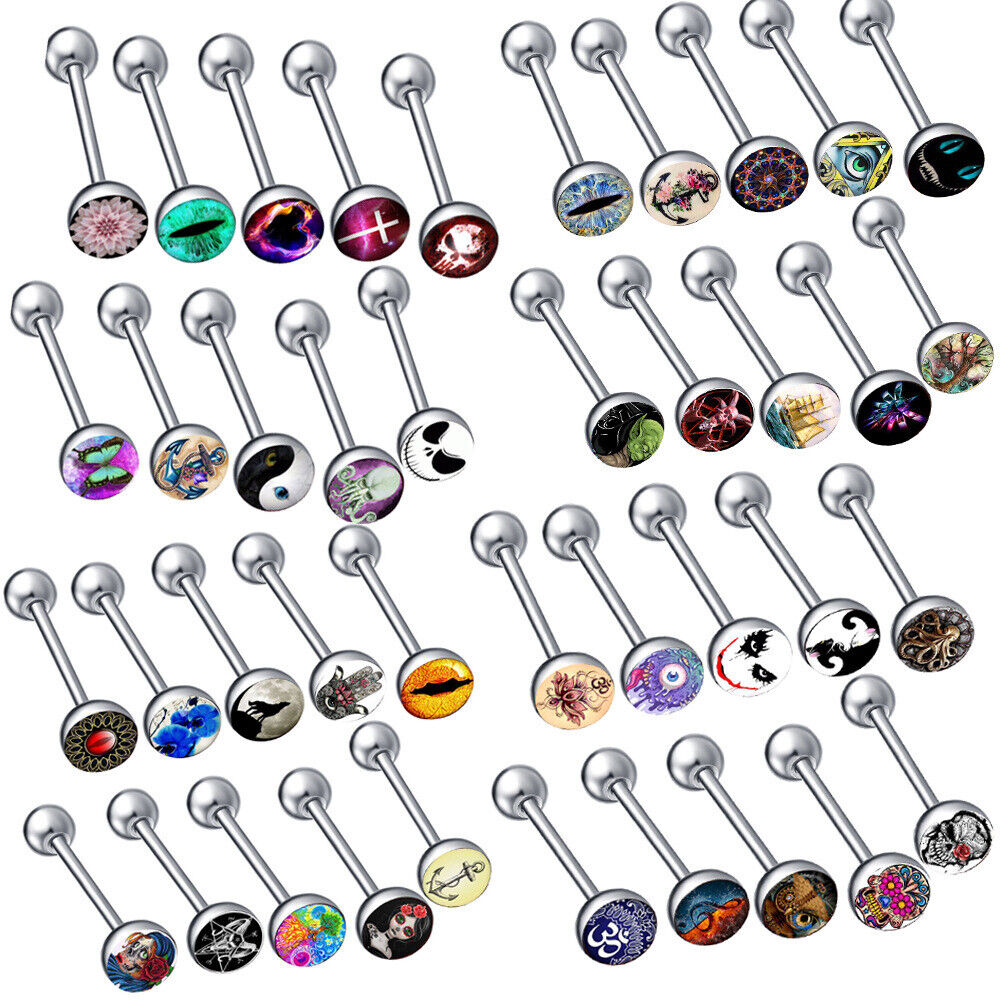 5/10/20X Mixed Pattern Logo Surgical Steel Tongue Bar Ring Ball Barbell Piercing