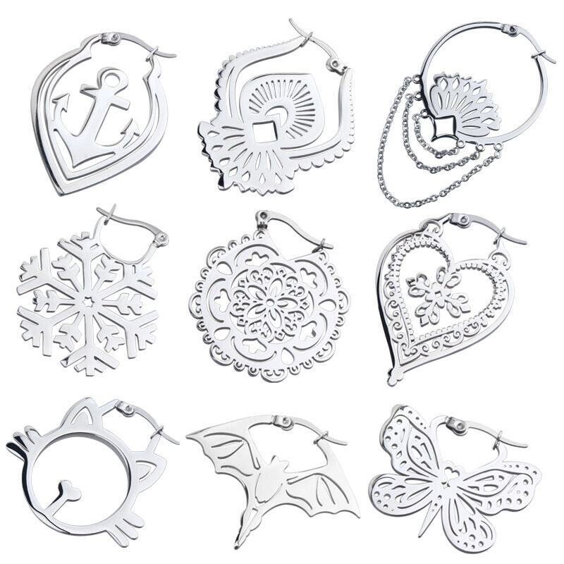 Pair 1.2mm Ear Piercing Stud Hook Hoop Hollow Floral Tassel Dangle Drop Earrings