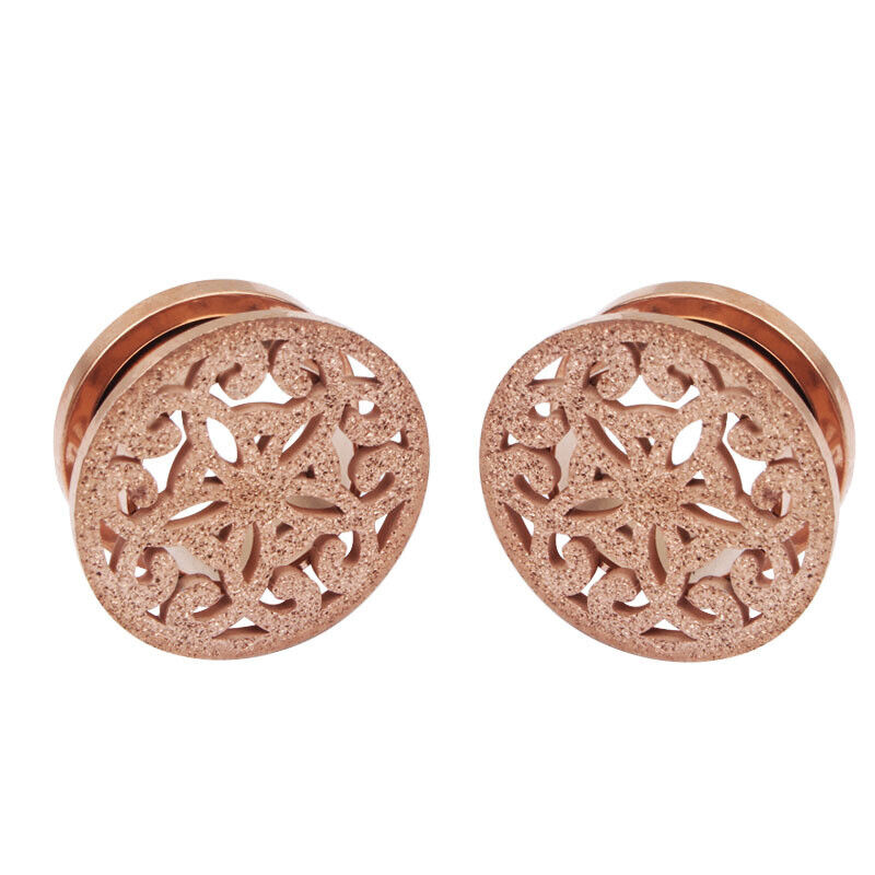 2X Steel Flesh Tunnel Frosted Flower Tree Ear Plug Stretcher Screw Fit 6mm-16mm