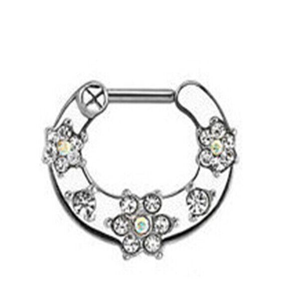 Crystal Zircon Stud Nose Ring Surgical Steel Bar Septum Hanger Clip Piercing 16g