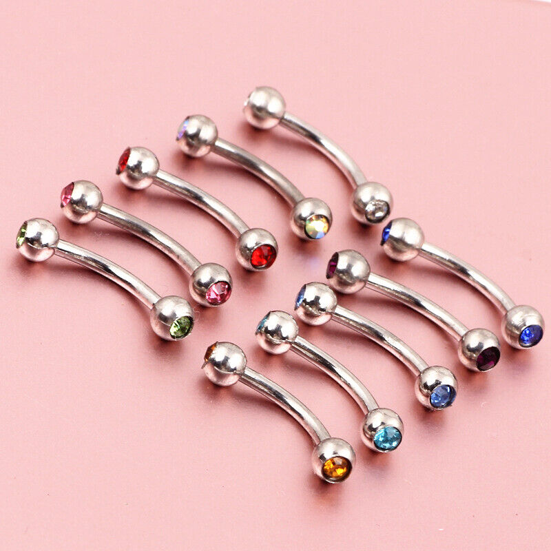2PC Surgical Steel Crystal Ball Barbell Curved Eyebrow Ring Tragus Ear Piercing