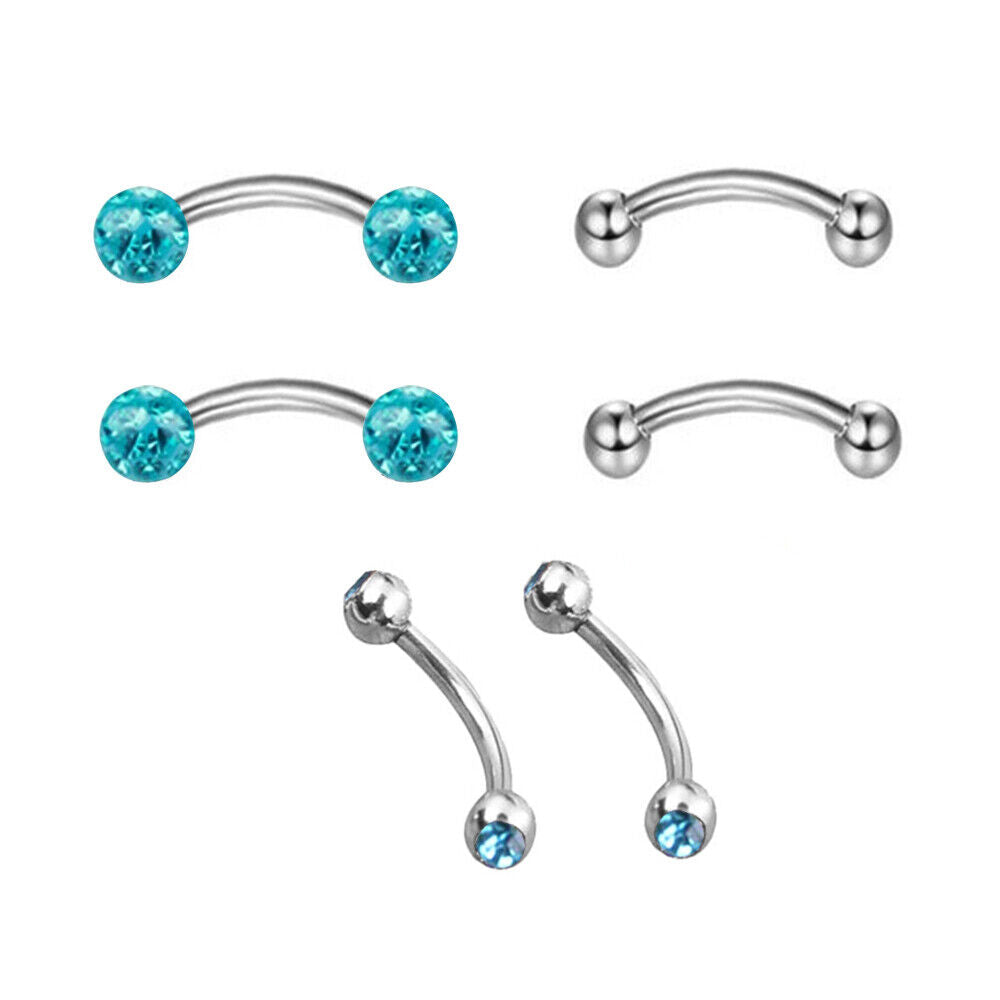 6pc Varies Bar Length Steel Crystal Barbell Curved Eyebrow Ring Ear Piercing Set