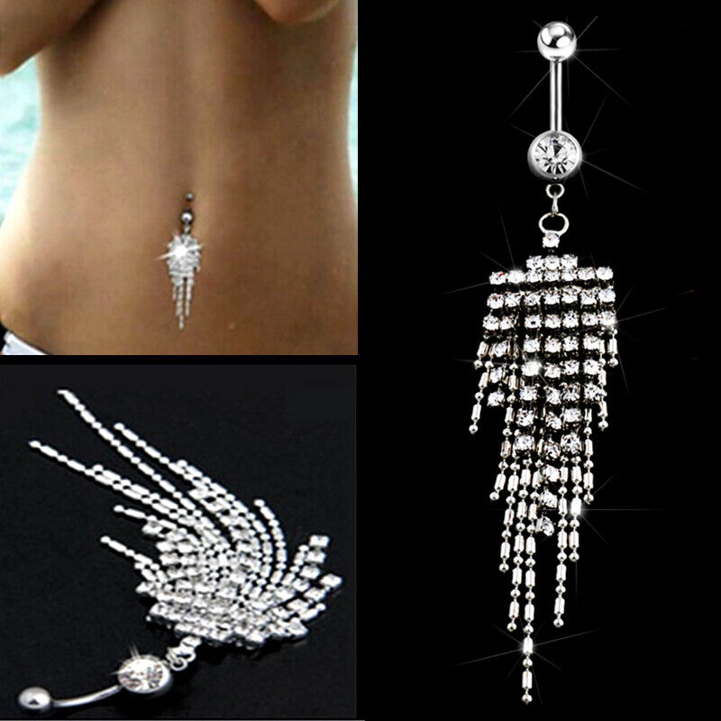 Multi Crystal Tassel Barbell Belly Bar Ring Button Dangle Navel Body Piercing