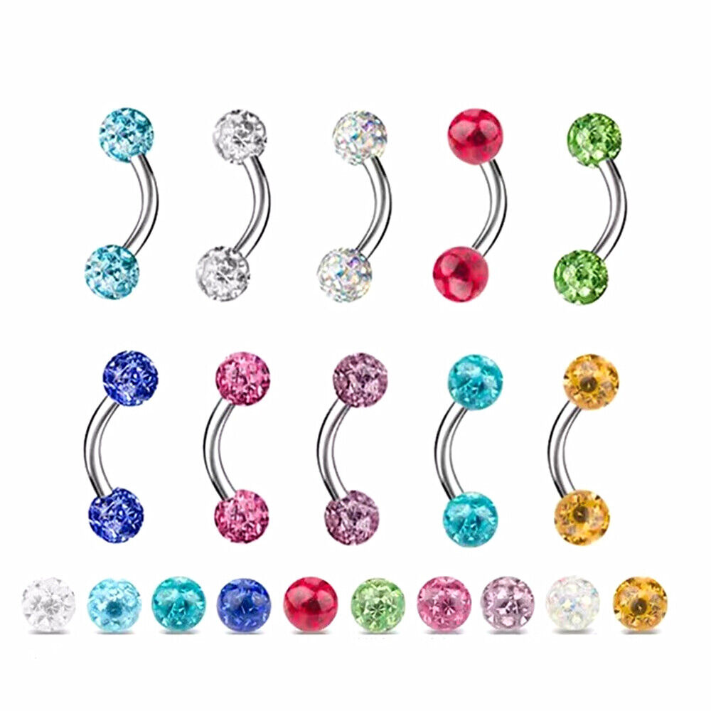 2pc 6/8/10/12mm Bar Coated Crystal Ball Barbell Curved Eyebrow Ring Ear Piercing