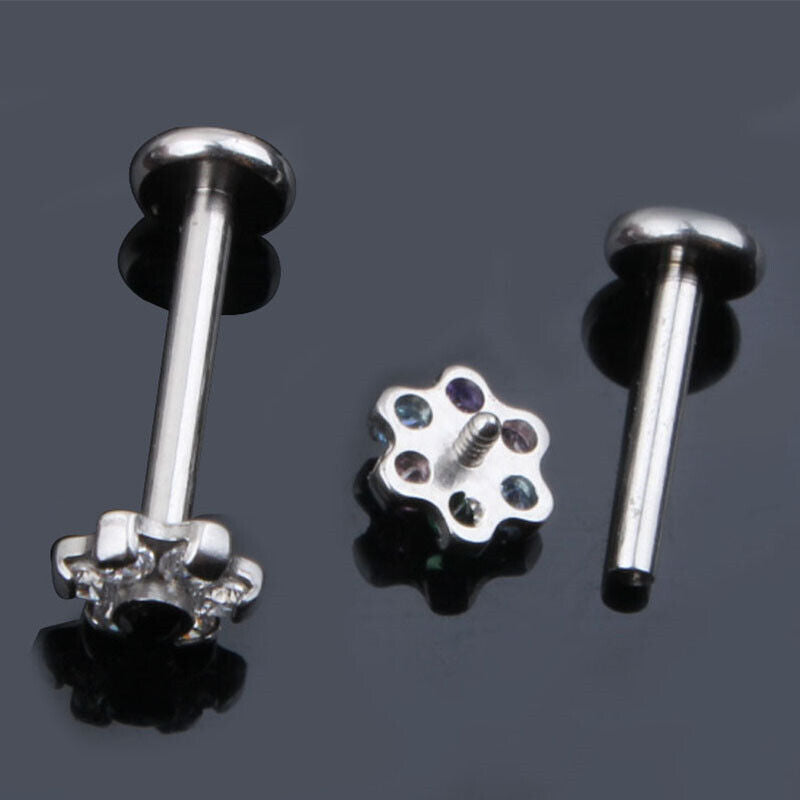 Multi Zircon Flower Internally Threaded Labret Lip Bar Stud Tragus Ear Piercing