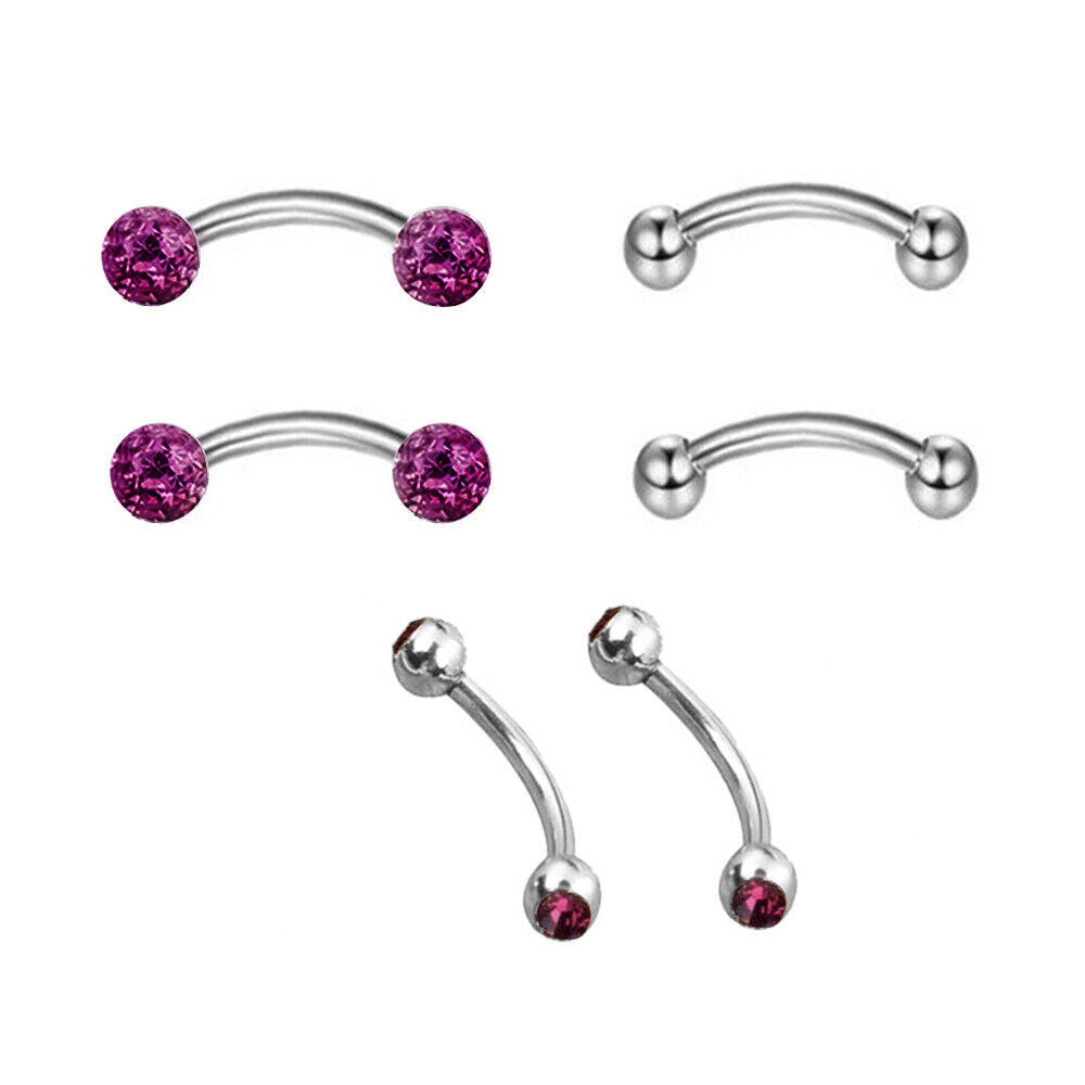 6pc Varies Bar Length Steel Crystal Barbell Curved Eyebrow Ring Ear Piercing Set