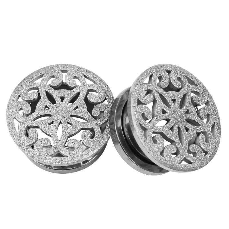 2X Steel Flesh Tunnel Frosted Flower Tree Ear Plug Stretcher Screw Fit 6mm-16mm
