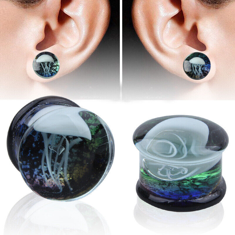 2PC Glass Ear Plug Jellyfish Double Flared Saddle Flesh Tunnel Stretcher Trumpet