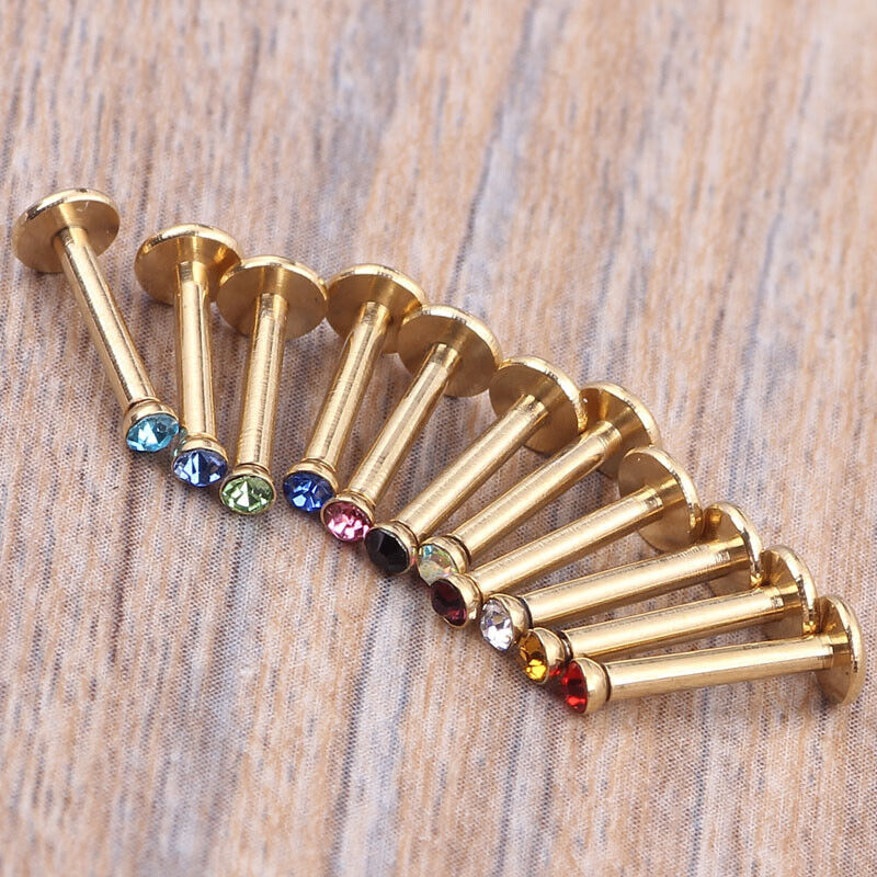 2X Gold Internal Thread Labret Monroe Tragus Cartilage Piercing Lip Ear Gem Ring