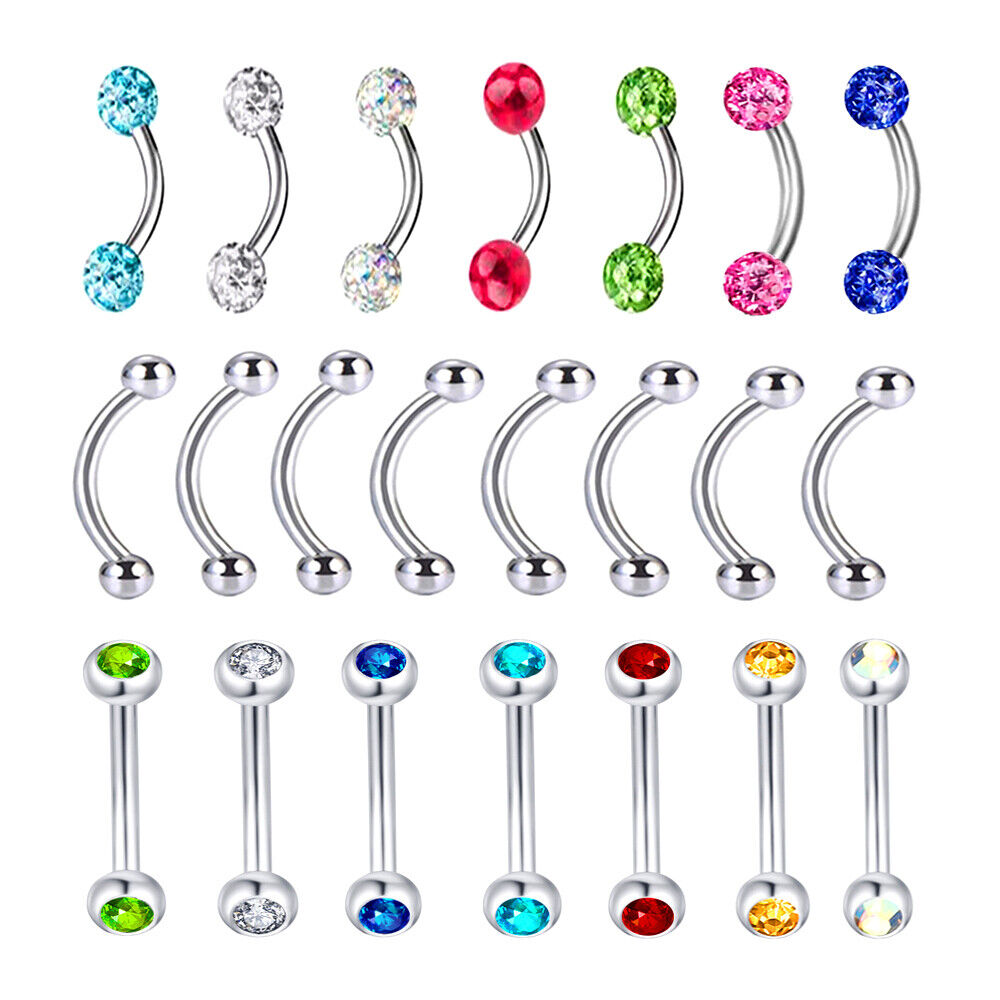 6pc Varies Bar Length Steel Crystal Barbell Curved Eyebrow Ring Ear Piercing Set