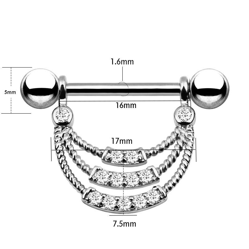 Pair Crystal Gem Nipple Ring Surgical Steel Zircon Piercing Bar Shield Piercing