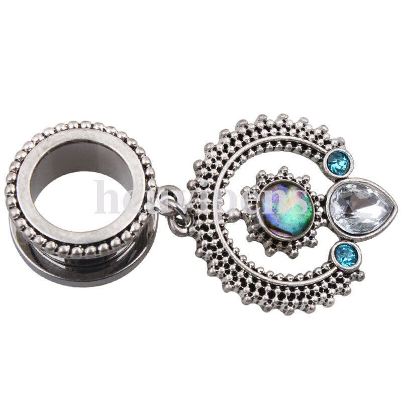 Pair Steel Feather Tassel Chain Dangle Screw Fit Flesh Tunnel Ear Plug Shell Gauge