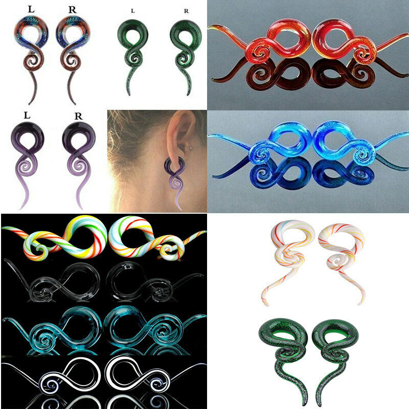 Pair Colorful Snail Spiral Glass Hook Taper Ear Plug Earring Expander Stretcher