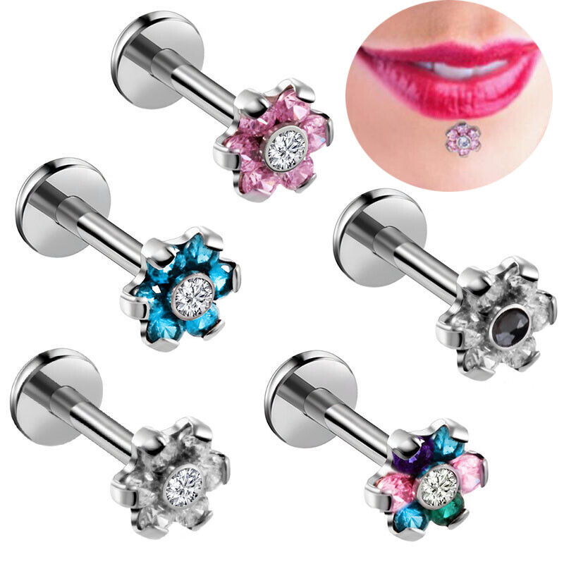 Multi Zircon Flower Internally Threaded Labret Lip Bar Stud Tragus Ear Piercing