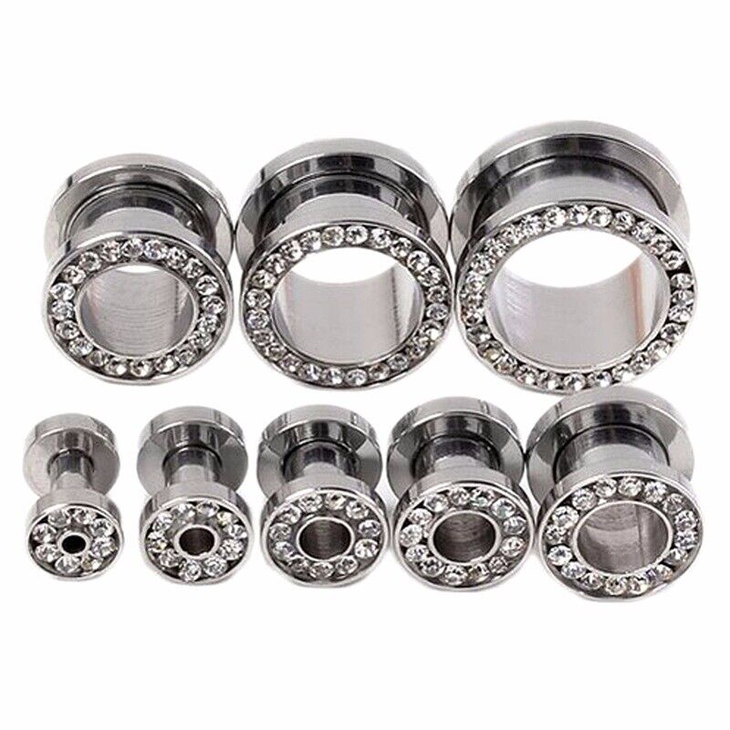 2pc Surgical Steel Crystal Screw Fit Gem Ear Stretcher Flesh Tunnel Plug Gauge