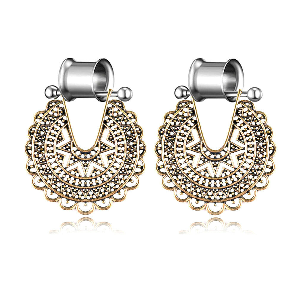 1 Pair Flesh Tunnel Boho Bohemia Floral Dangle Ear Plug Double Flared Stretcher