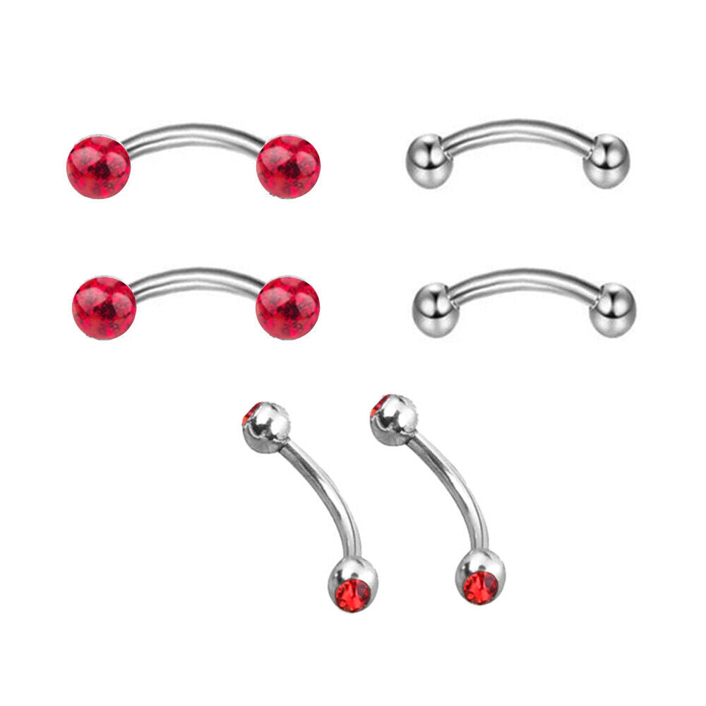 6pc Varies Bar Length Steel Crystal Barbell Curved Eyebrow Ring Ear Piercing Set