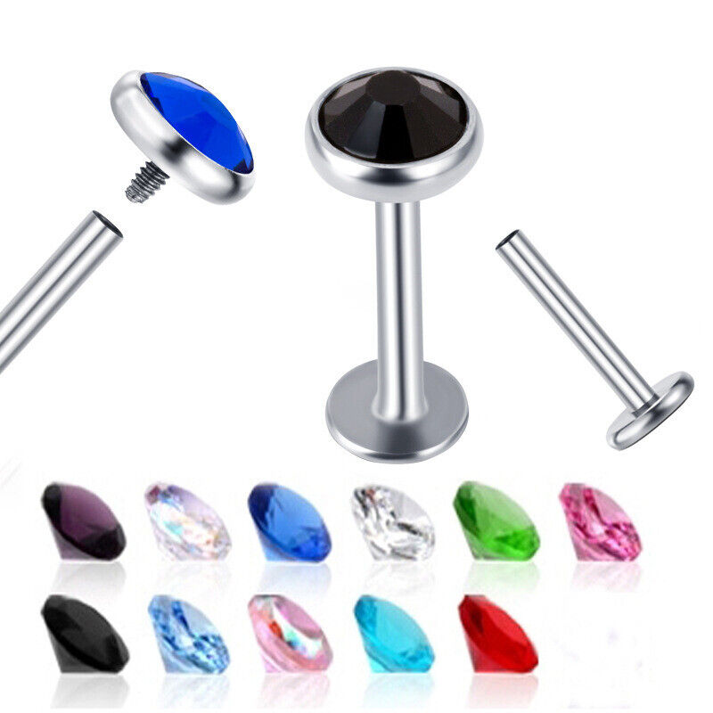 2pc Internally Threaded 3mm 4mm Crystal Ball Lip Bar Labret Tragus Stud Piercing