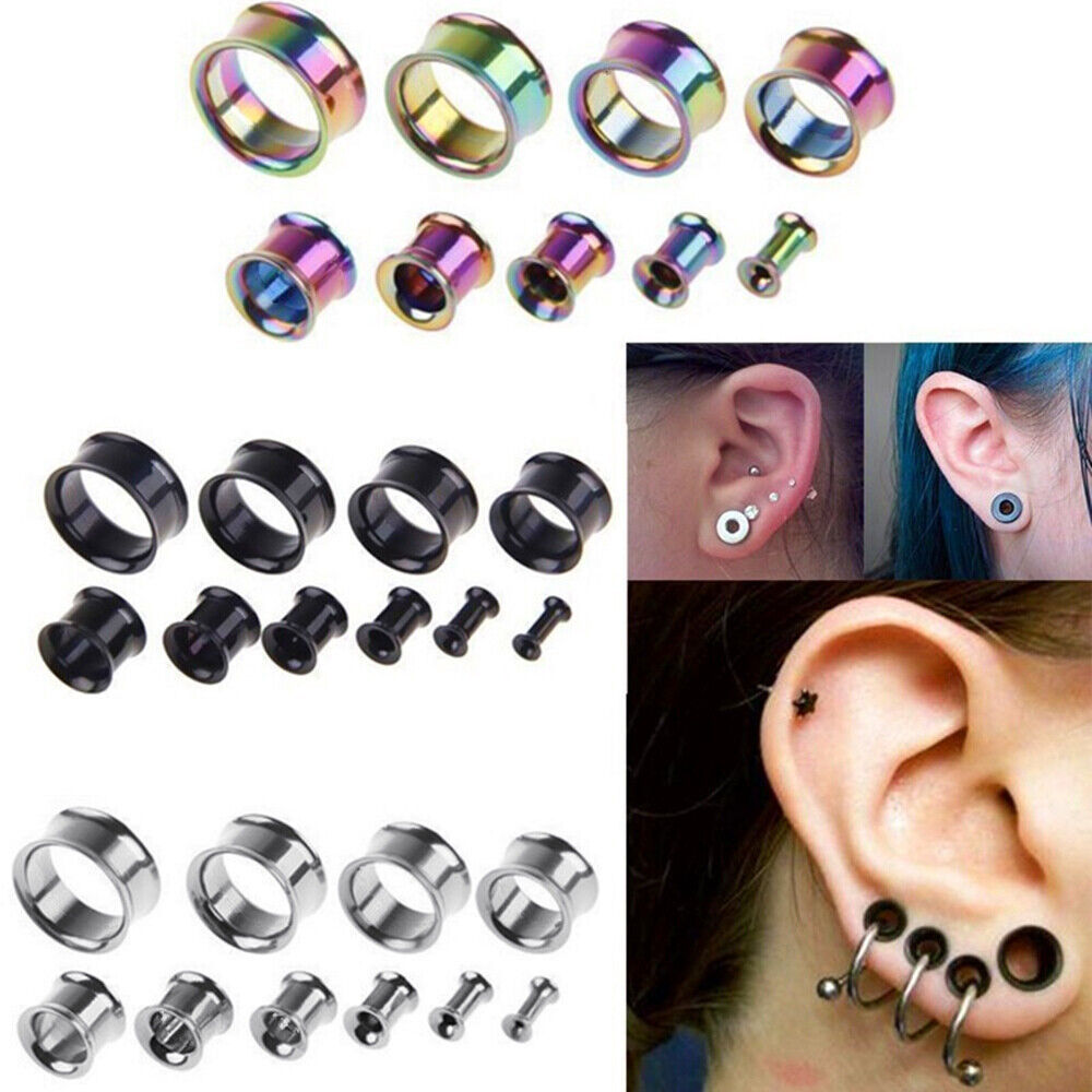 3 Pair Gold Steel Black Double Flared Flesh Tunnel Ear Plug Stretcher Expander