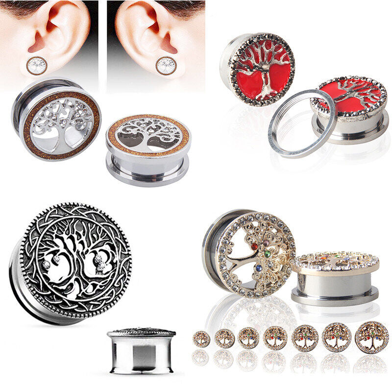 2pc Steel Hollow Tree Of Life Screw Flesh Tunnel Flared Saddle Ear Plug Expander