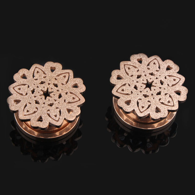 2X Steel Flesh Tunnel Frosted Flower Tree Ear Plug Stretcher Screw Fit 6mm-16mm