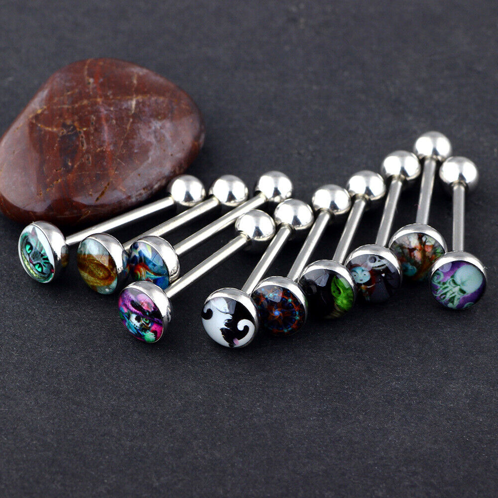 5/10/20X Mixed Pattern Logo Surgical Steel Tongue Bar Ring Ball Barbell Piercing