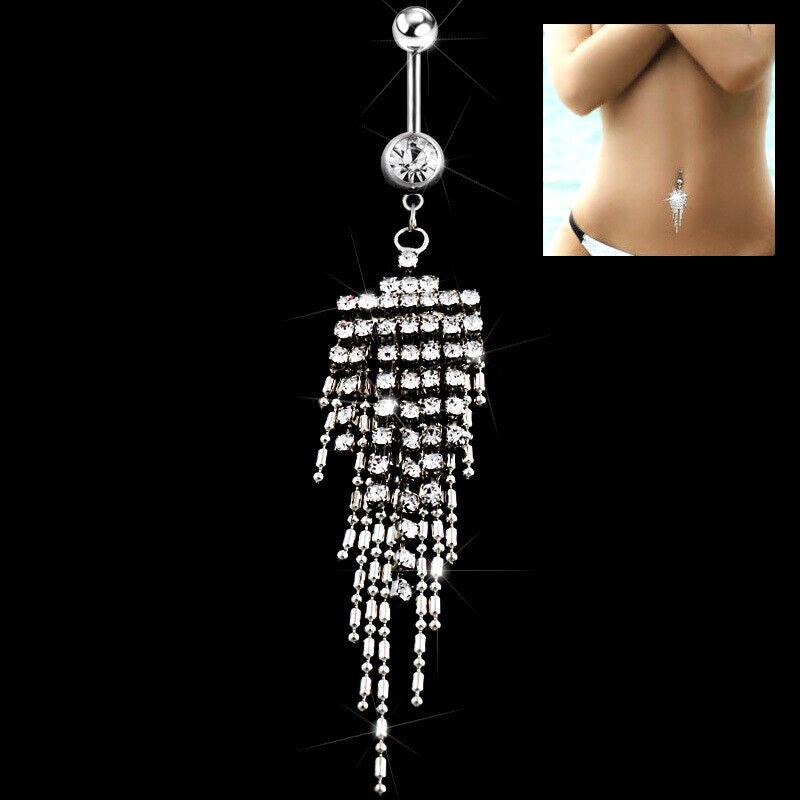 Multi Crystal Tassel Barbell Belly Bar Ring Button Dangle Navel Body Piercing