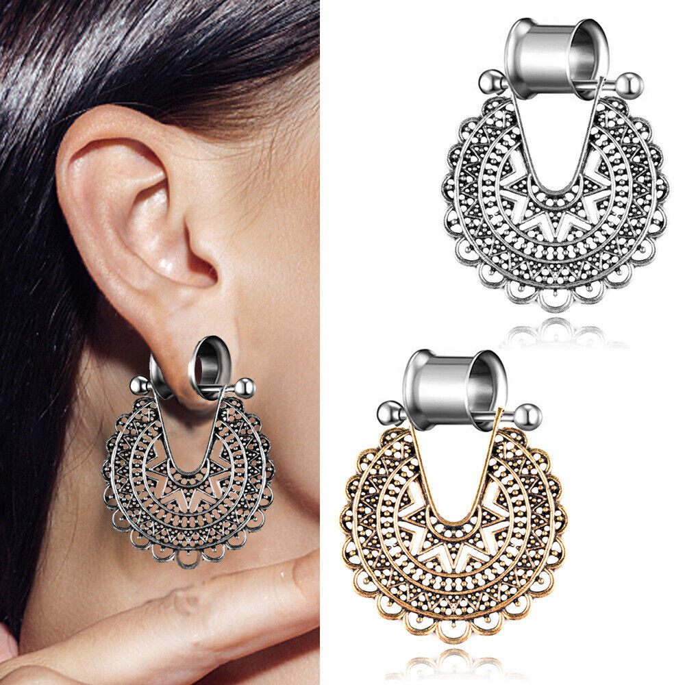 1 Pair Flesh Tunnel Boho Bohemia Floral Dangle Ear Plug Double Flared Stretcher
