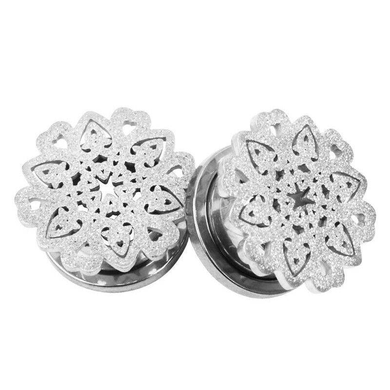 2X Steel Flesh Tunnel Frosted Flower Tree Ear Plug Stretcher Screw Fit 6mm-16mm
