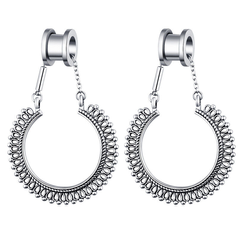 1 Pair Surgical Steel Dangle Bohemia Floral Flesh Tunnel Double Flared Ear Plug