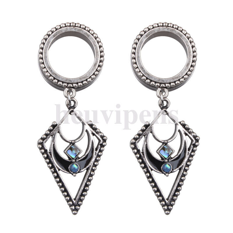 Pair Steel Feather Tassel Chain Dangle Screw Fit Flesh Tunnel Ear Plug Shell Gauge