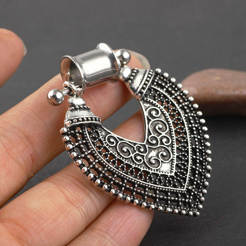 1 Pair Surgical Steel Dangle Bohemia Floral Flesh Tunnel Double Flared Ear Plug