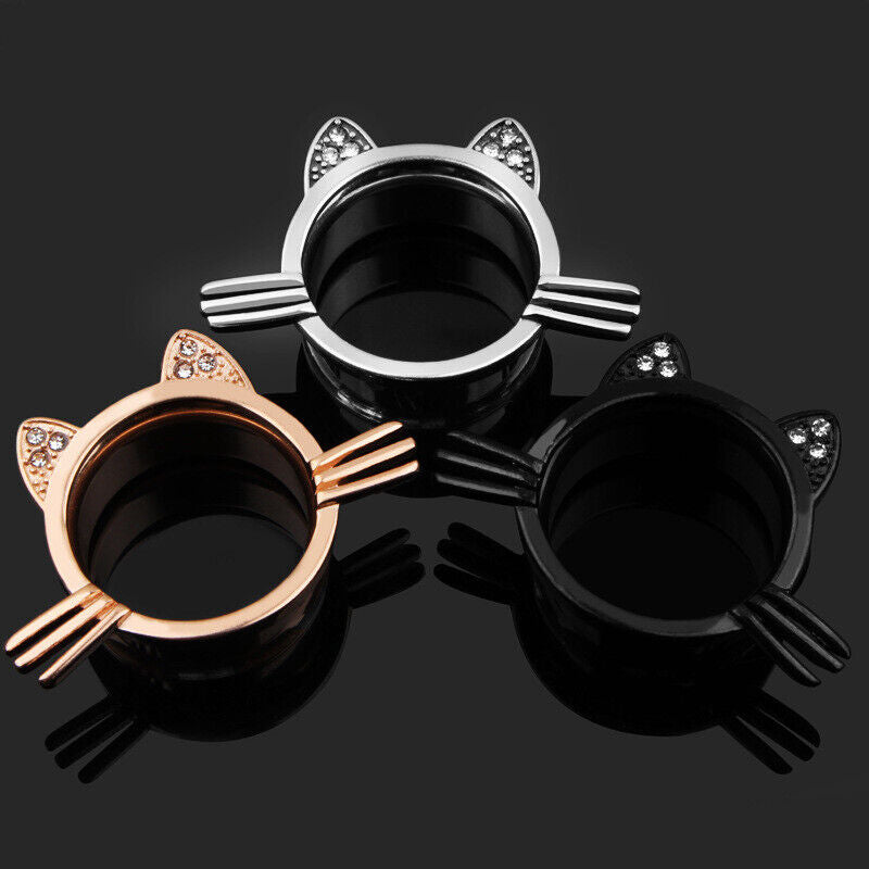 2pc Flesh Tunnel Crysal Silver Black Rose Gold Cat Ear Plug Stretcher Trumpet