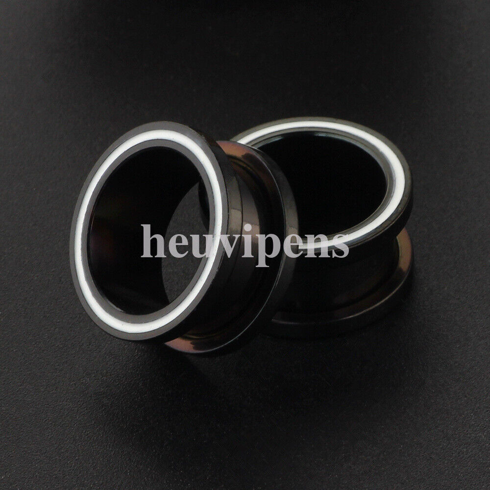 2pc Silver Black Steel Flesh Tunnel Screw Fit Ear Plug Trumpet Stripe Expander