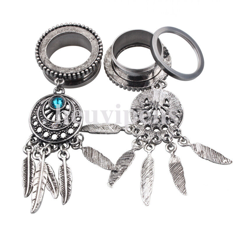 Pair Steel Feather Tassel Chain Dangle Screw Fit Flesh Tunnel Ear Plug Shell Gauge