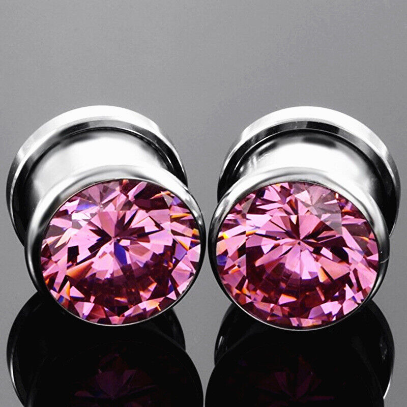 2PC Surgical Steel Zircon Crystal Screw Fit Flesh Tunnel Gauge Ear Plug Expander