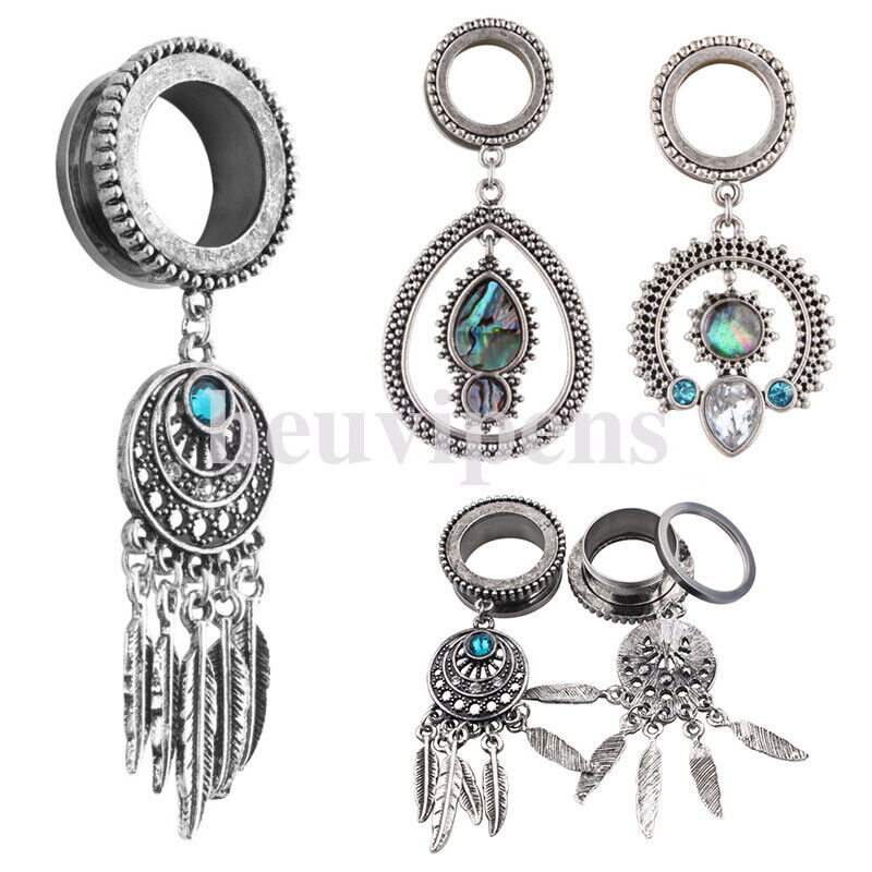 Pair Steel Feather Tassel Chain Dangle Screw Fit Flesh Tunnel Ear Plug Shell Gauge