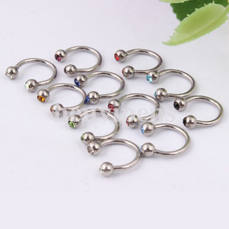 11pc Surgical Steel 16G Horseshoe Bar CRYSTAL GEM Ball Lip Nose Septum Ear Ring