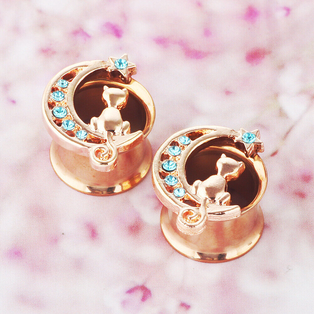 1 Pair Rose Gold Steel Cat Flesh Tunnel Ear Plug Saddle Flared Gauge Expander