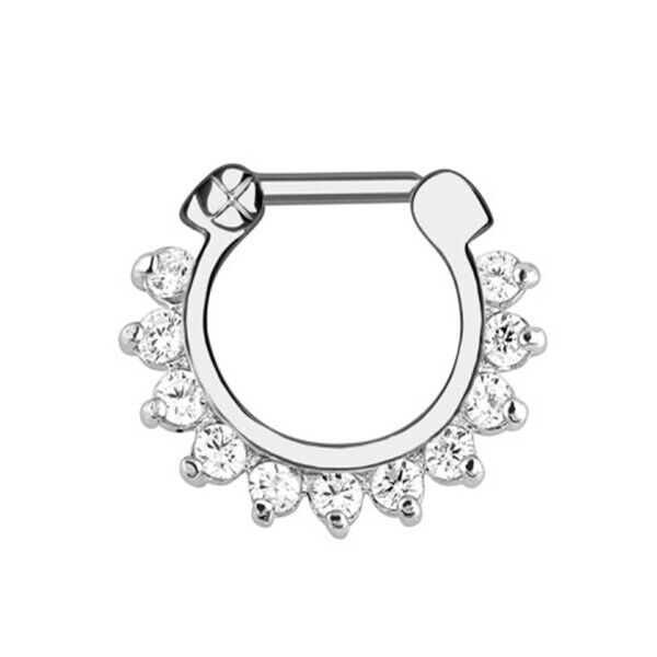 Crystal Zircon Stud Nose Ring Surgical Steel Bar Septum Hanger Clip Piercing 16g