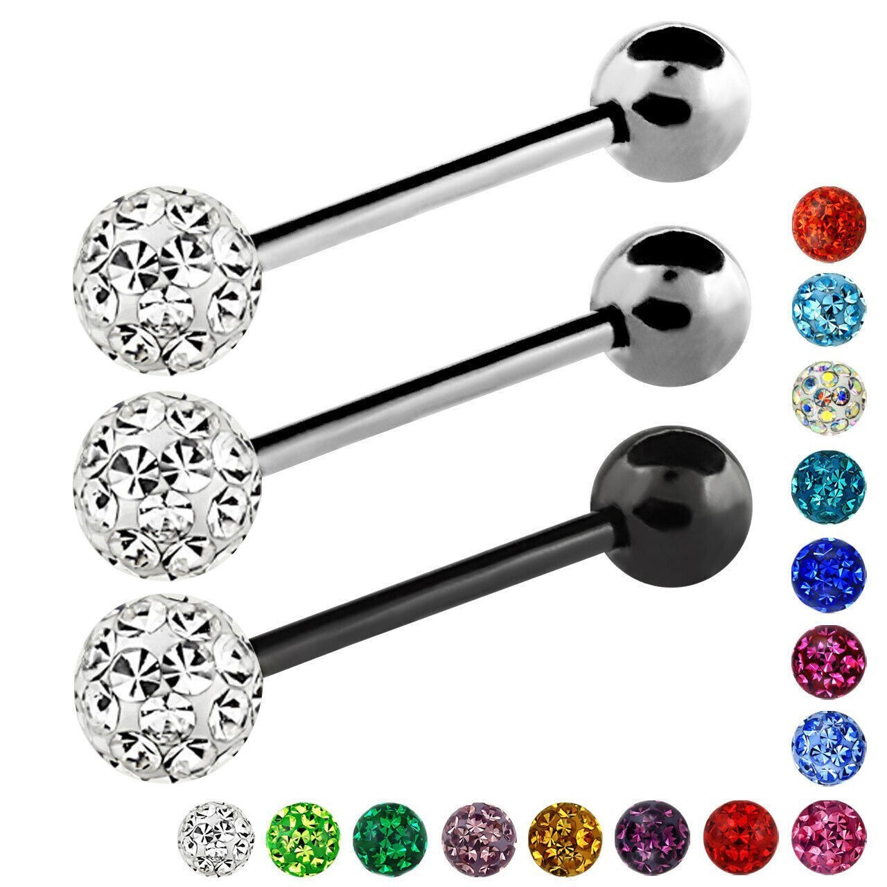 Surgical Steel Coated Crystal Ball Barbell Bar Tongue Ring Nipple Piercing